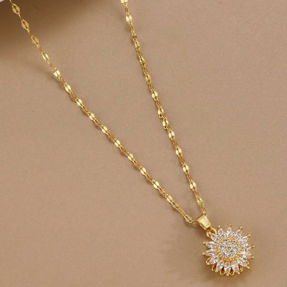 Gold over 925 sterling silver Sunflower & crystal spinning Pendant Necklace NWT
